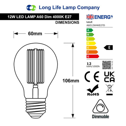8W 10W 12W LED A60 Filament Light Bulb Dimmable 4000K E27 Clear Glass 3 or 5 or 10 PACK