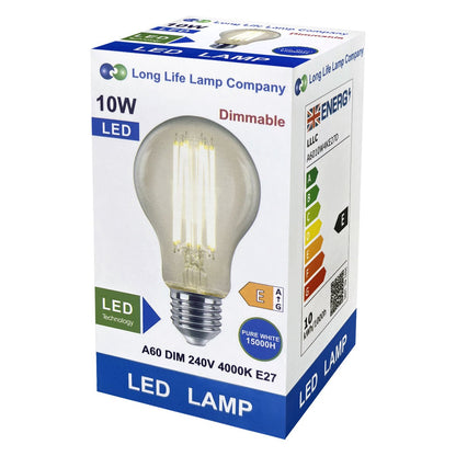 8W 10W 12W LED A60 Filament Light Bulb Dimmable 4000K E27 Clear Glass 3 or 5 or 10 PACK