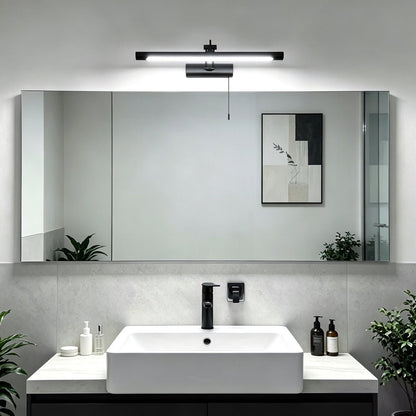 Adjustable black bathroom wall light with integrated 8W LED, mirror mounting design and pull cord operation