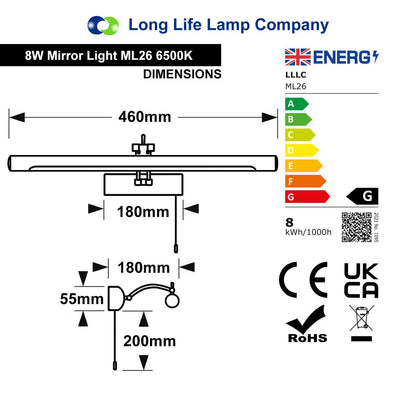 Modern black LED mirror wall light featuring 8W output, pull cord operation and 6500K cool white bathroom lighting