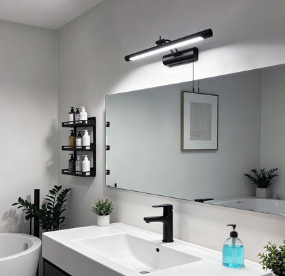 Modern IP44 rated black mirror light with 8W integrated LED, pull cord switch and 6500K cool white output