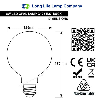 8w Decorative LED Opal G125 Globe Light Bulb E27 Edison Screw Warm White - Energy Light Bulbs - Free delivery on all orders