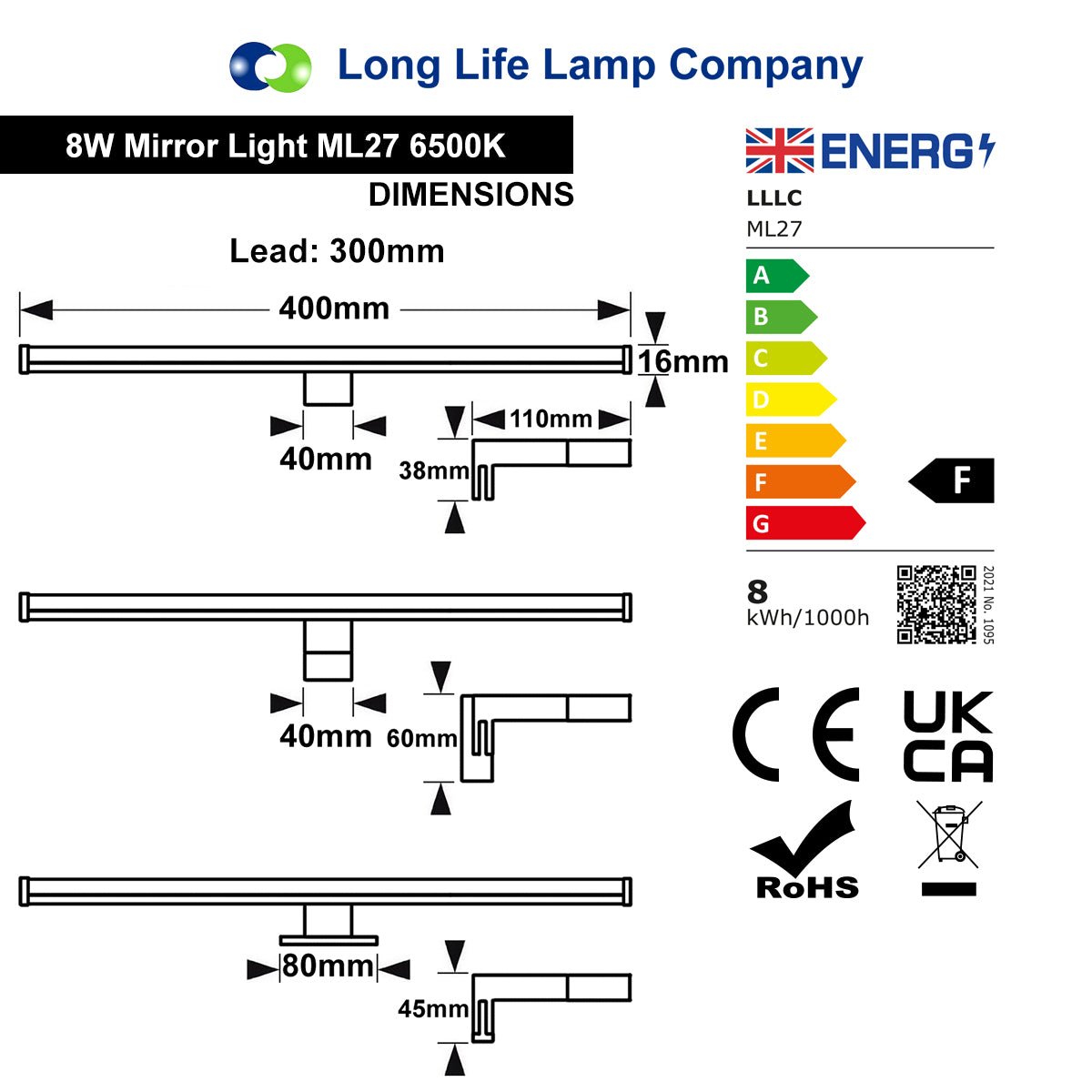 8W LED Mirror Light 3 Mounting Option Cool White 6500k IP44 Wall Light - Energy Light Bulbs - Free delivery on all orders