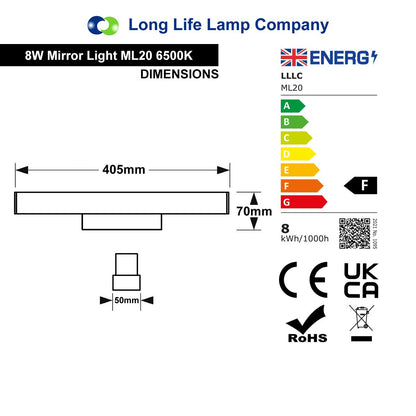 8W LED Rectangular Bathroom Mirror Wall Light Cool White 6500K IP44 ML20 - Energy Light Bulbs - Free delivery on all orders