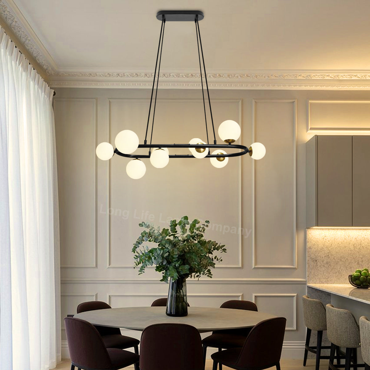 Modern Ceiling Black Circular Bar Pendant Light Globe Frosted Glass Lamp Shades with G9 LED