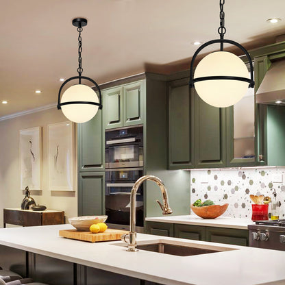 Industrial Nautical Ceiling Pendant Light Opal Globe Glass Black Chain Suspended