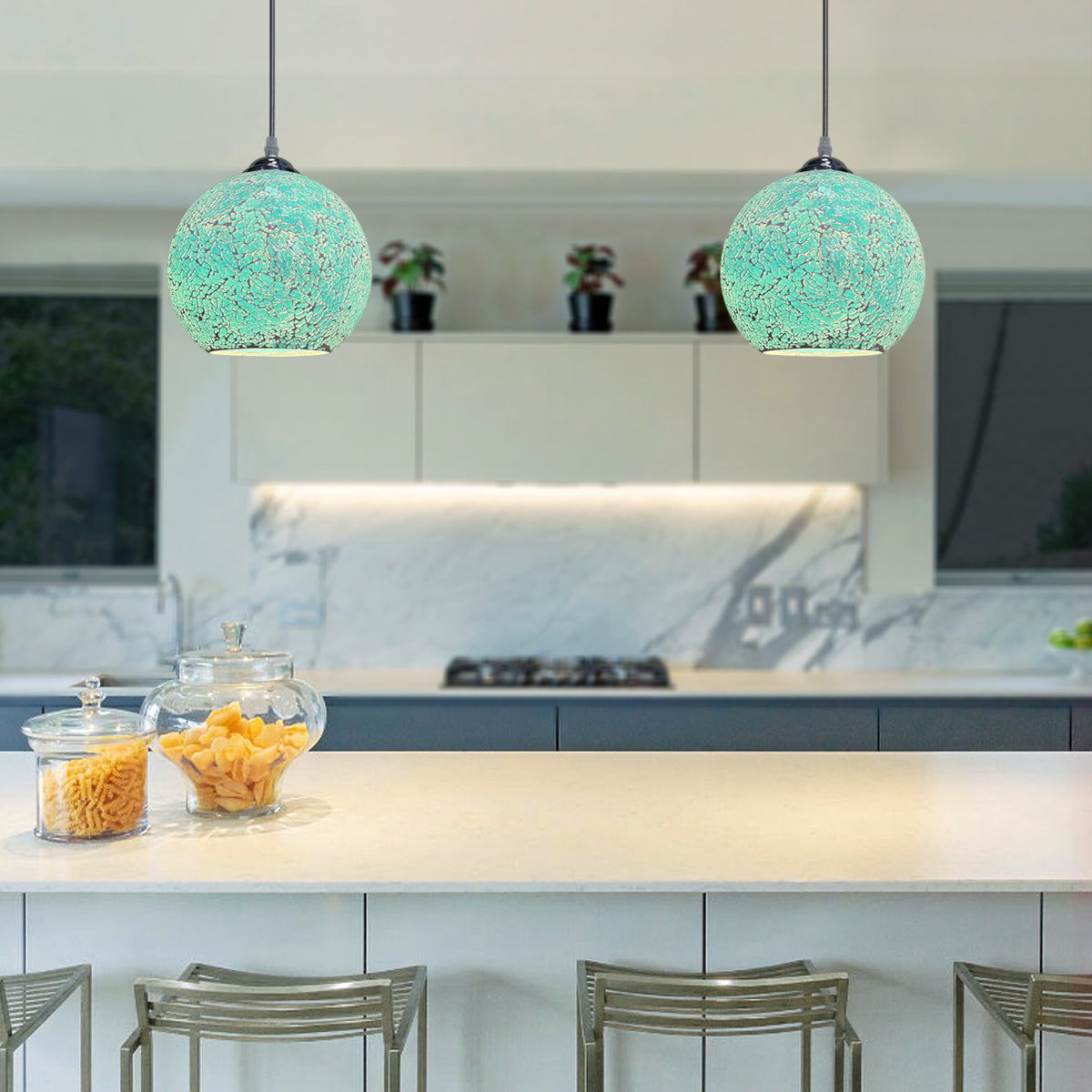 Vintage Ceiling Crackle Blue Mosaic Globe Glass Pendant Light