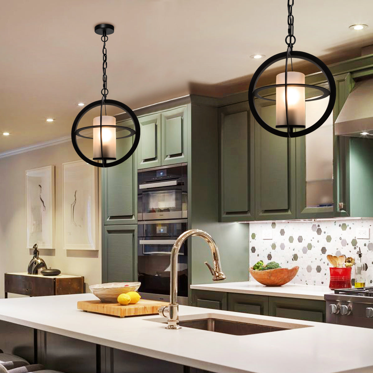 Industrial 3 Ring Ceiling Pendant Light Black Metal Chain Suspended Frosted Glass Lamp Shade