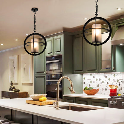 Industrial 3 Ring Ceiling Pendant Light Black Metal Chain Suspended Frosted Glass Lamp Shade
