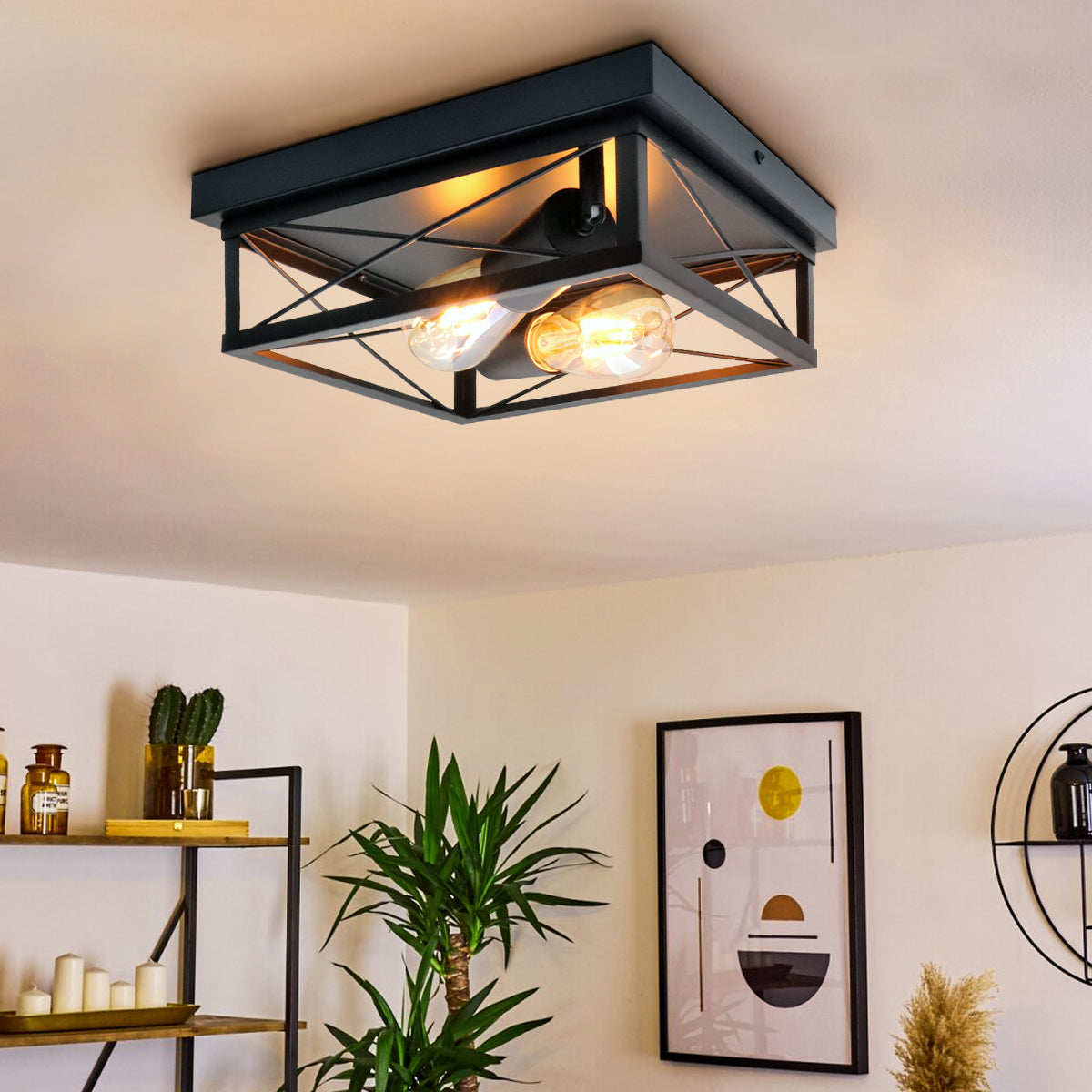 Industrial Black Ceiling Light Square 2 Light Box Lantern Flush Mounted