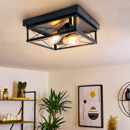 Industrial Black Ceiling Light Square 2 Light Box Lantern Flush Mounted