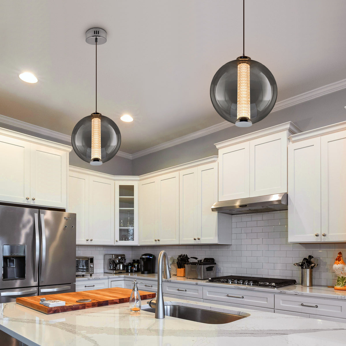 LED Globe Ceiling Pendant Light Smoked Grey Glass Lamp Shade Chrome Holder