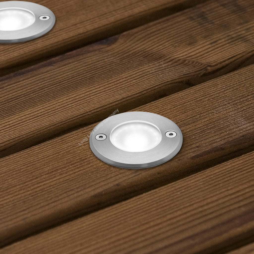 1w LED Recessed Outdoor Ground Light Round Cool White Brushed Chrome Walkover Uplighter GL07CW