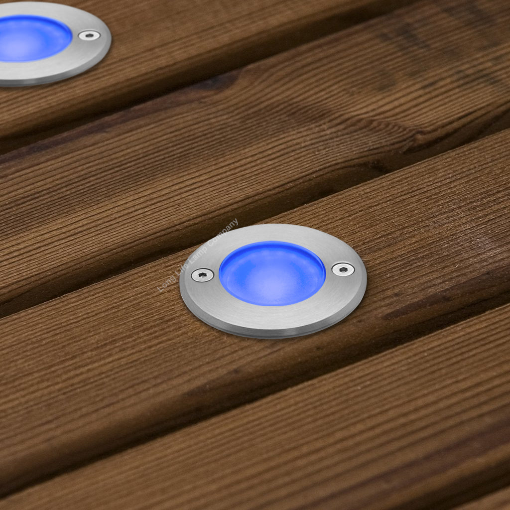 1w LED Recessed Outdoor Ground Light Round Blue Brushed Chrome Walkover Uplighter GL08B