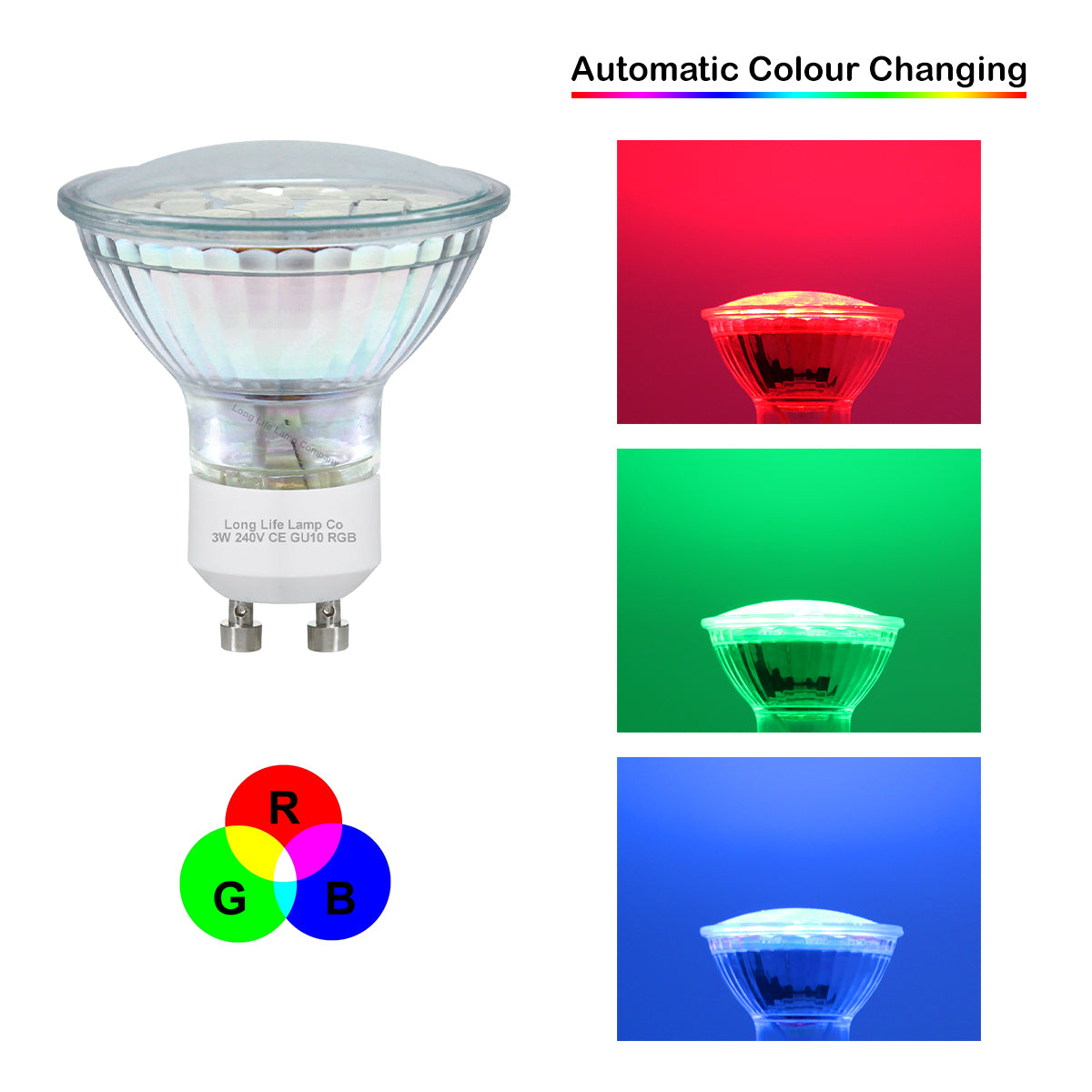 3w LED GU10 Automatic Colour Change Red Green Blue RGB Light Bulb
