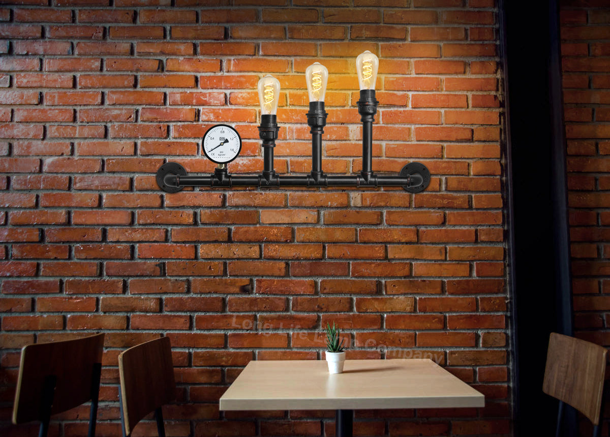 Vintage 3 Light Industrial Water Pipe Wall Lamp with Gauge - Free delivery on all orders