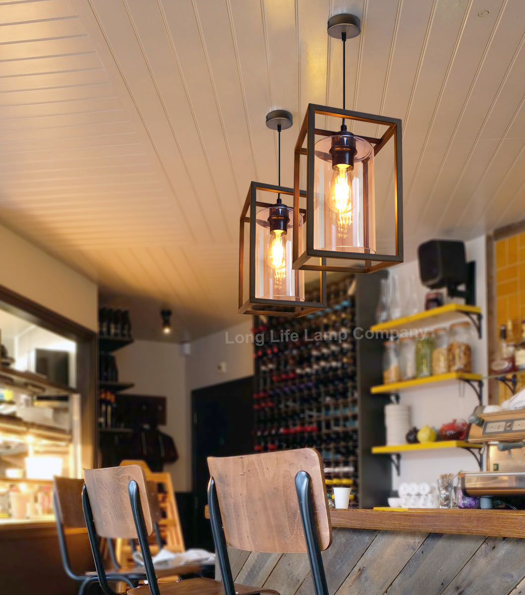 E27 Antique Brass Box Lantern Pendant Light 60W Clear Glass