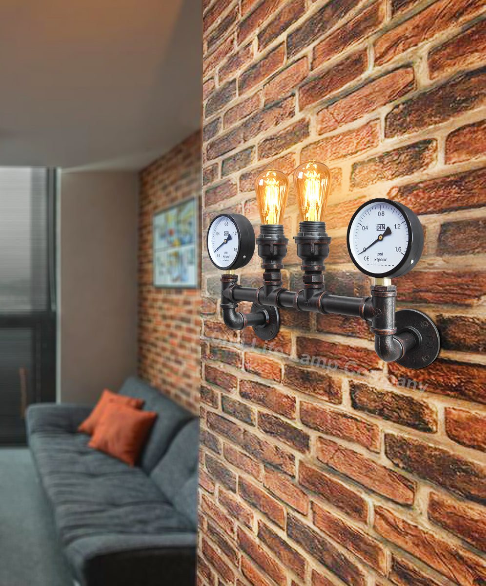Vintage Industrial Pipe Wall Light with Twin Guage M0188P