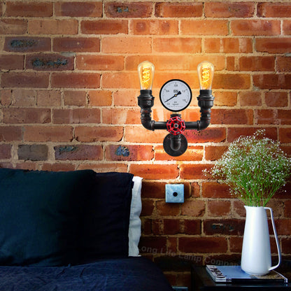 Twin Vintage Industrial Pipe Wall Light with Gauge Valve Tap M0190P - Free delivery on all orders