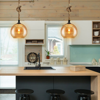 Vintage Industrial Amber Smoked Rope Glass Globe Ceiling Pendant Lamp H3007