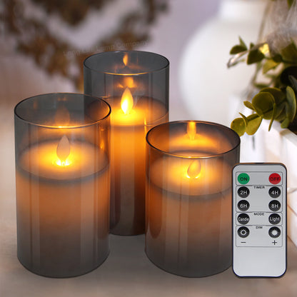 Set Of 3 USB Rechargeable LED Wax Smoked Grey Glass Flameless Candles With Remote Control