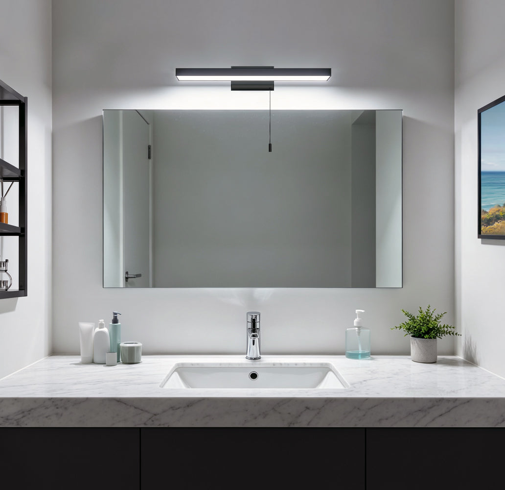 12W Black LED Bathroom Mirror Wall Light with Pull Cord Cool White 6500K IP44 ML25