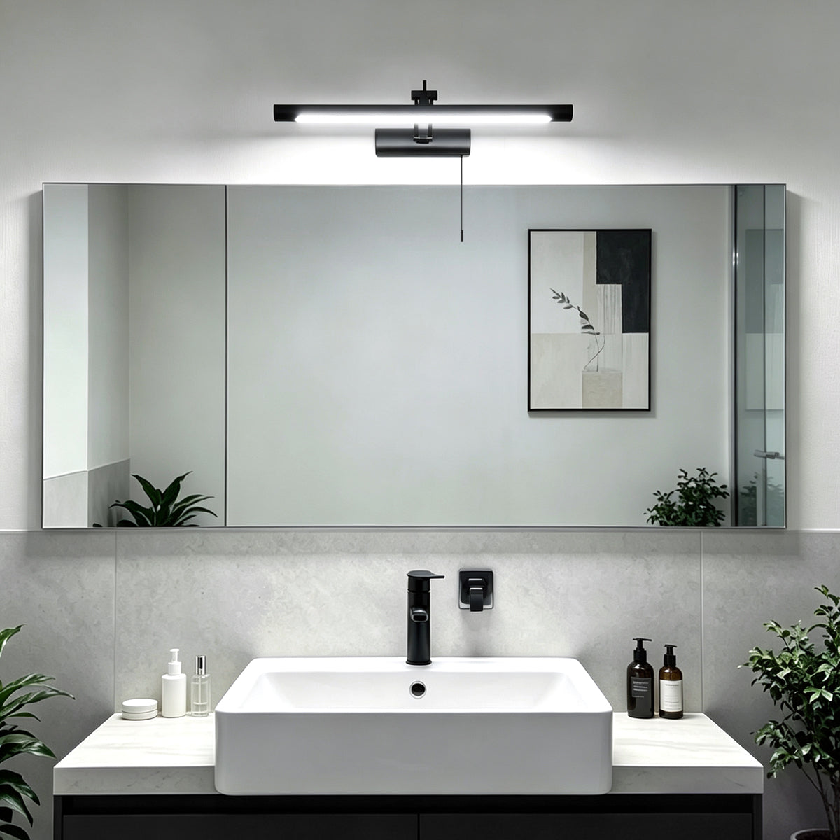 8W Black Adjustable LED Bathroom Mirror Wall Light with Pull Cord Cool White 6500K IP44 ML26