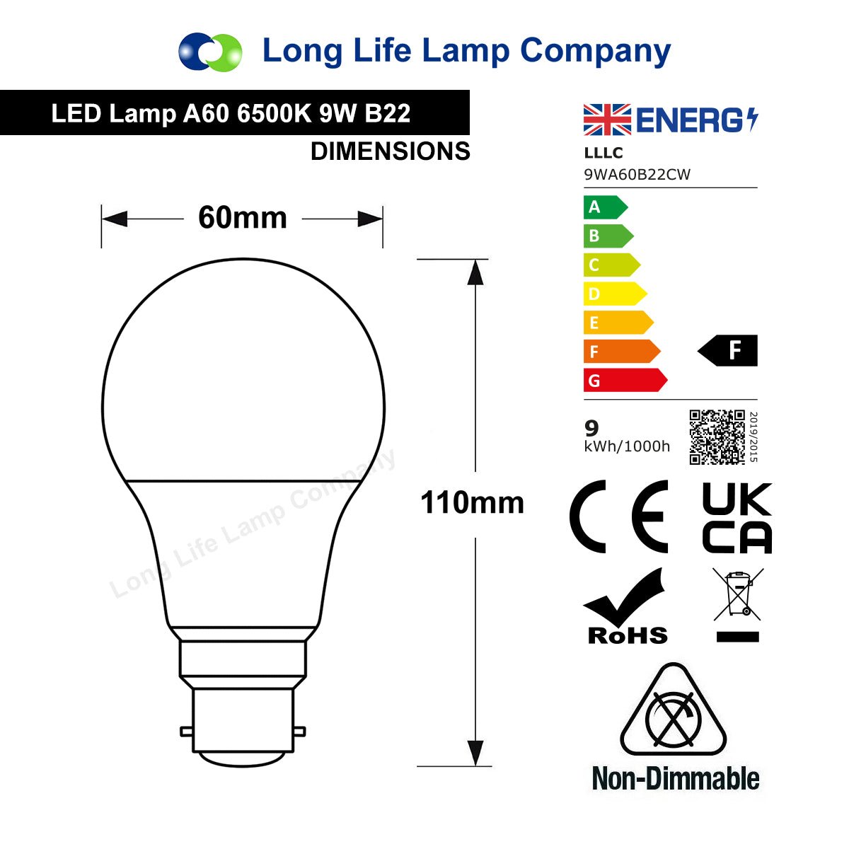 9W LED A60 Light Bulb Bayonet B22 Cool White 6500K - Free delivery on all orders