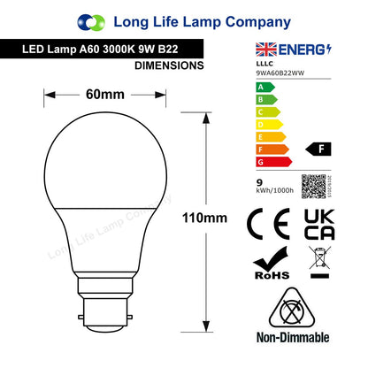 9W LED A60 Light Bulb Bayonet B22 Warm White 3000K - Free delivery on all orders