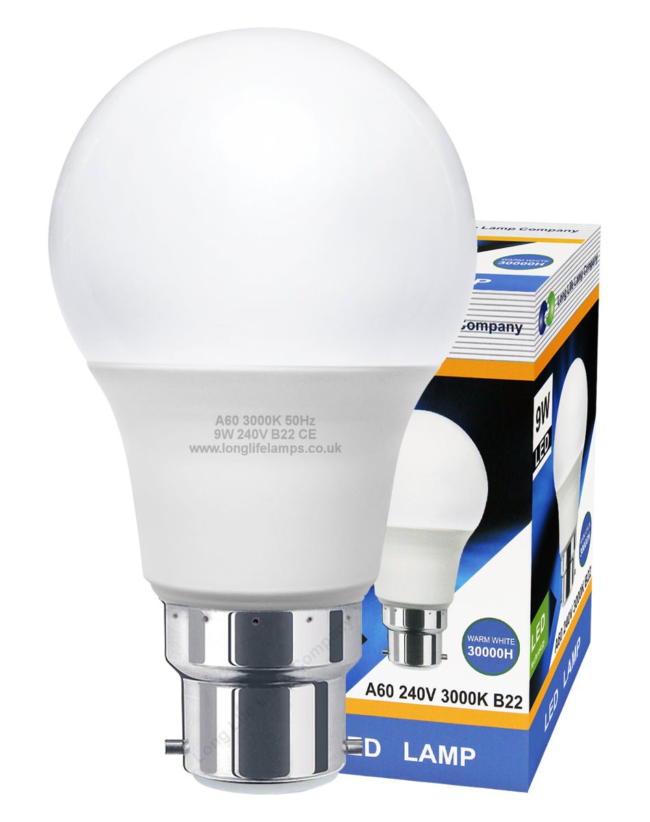 9W LED A60 Light Bulb Bayonet B22 Warm White 3000K - Energy Light Bulbs - Free delivery on all orders