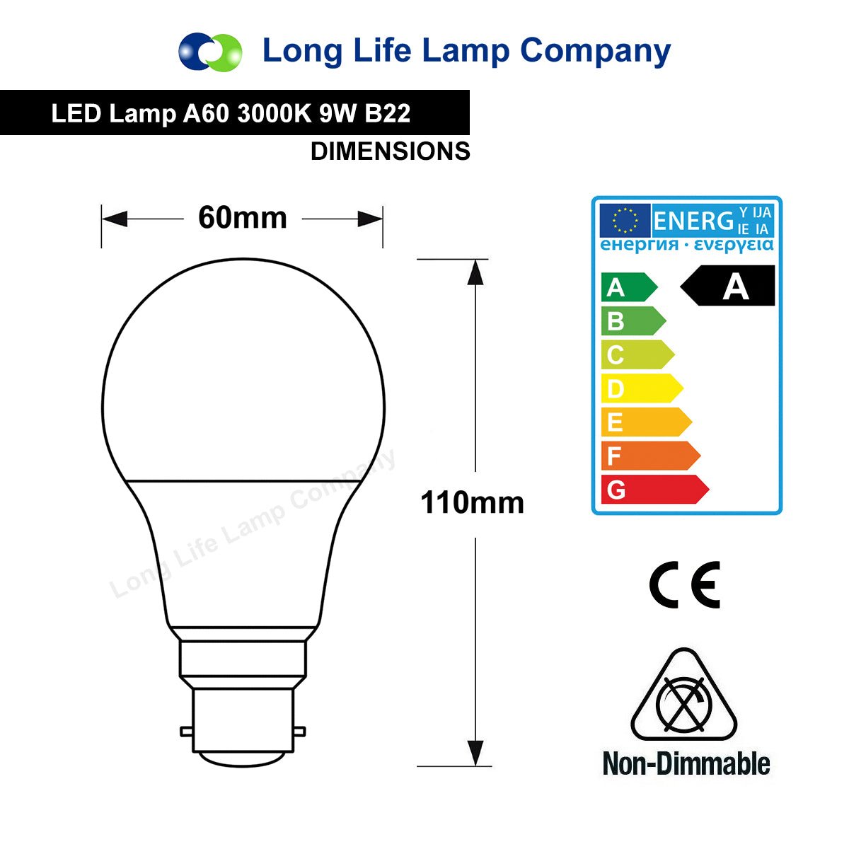 9W LED A60 Light Bulb Bayonet B22 Warm White 3000K - Energy Light Bulbs - Free delivery on all orders