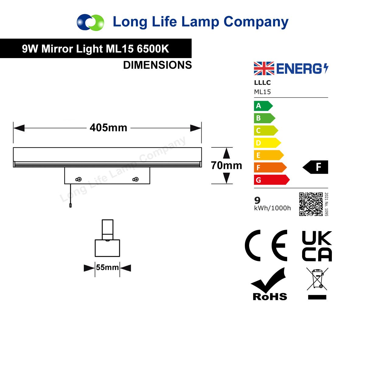 9w LED Bathroom Mirror Wall Light With Pull Cord Cool White 6500k IP20 - Energy Light Bulbs - Free delivery on all orders