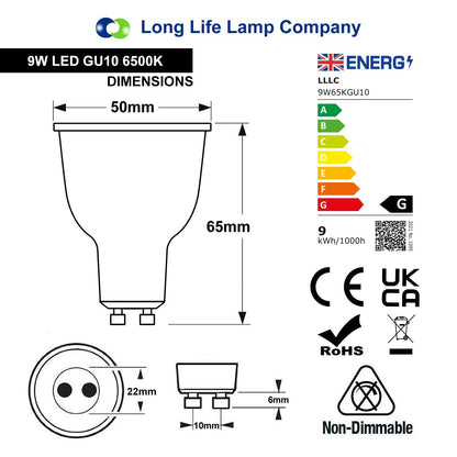 9W LED GU10 Spotlight Bulb Cool White 6500k 5 Pack or 10 Pack - Energy Light Bulbs - Free delivery on all orders