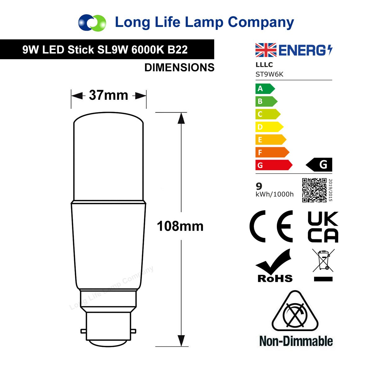 9w LED Stick Light Bulb B22 Cool White 3U Replacement 60w Equivalent - Free delivery on all orders