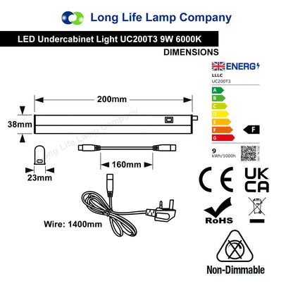 9w LED T5 Under Cabinet Link Light 6000k Cool White AC Pack Of 3 X 200mm With Plug - Energy Light Bulbs - Free delivery on all orders
