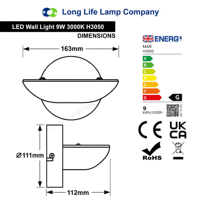 9w LED Wall Light Brushed Chrome Opal Diffuser Warm White 3000K - Energy Light Bulbs - Free delivery on all orders
