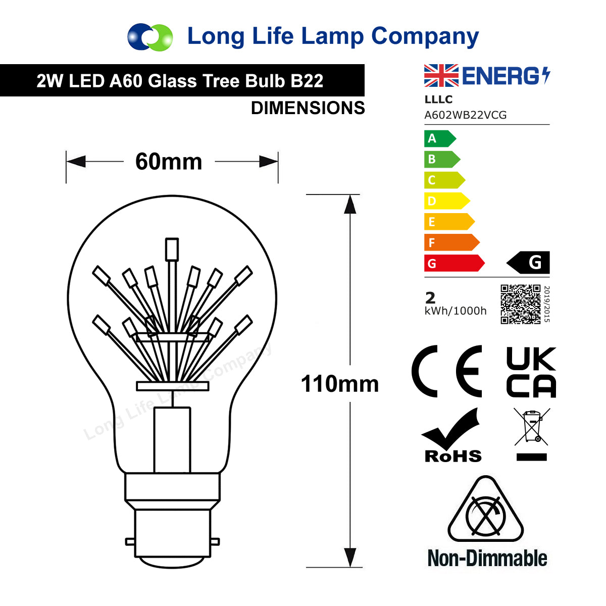 2w Vintage LED Light Bulb B22 Clear Glass Tree Filament A60