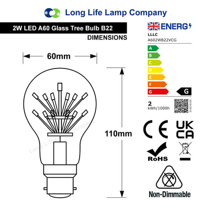 2w Vintage LED Light Bulb B22 Clear Glass Tree Filament A60