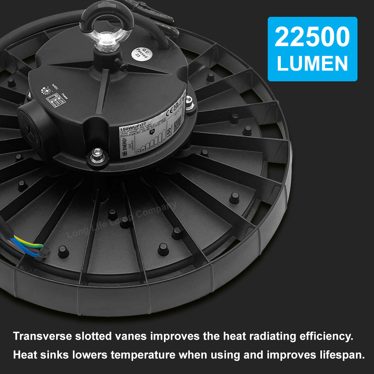Bright 150W LED UFO warehouse light with 6500K Cool White and IP65 water resistant construction