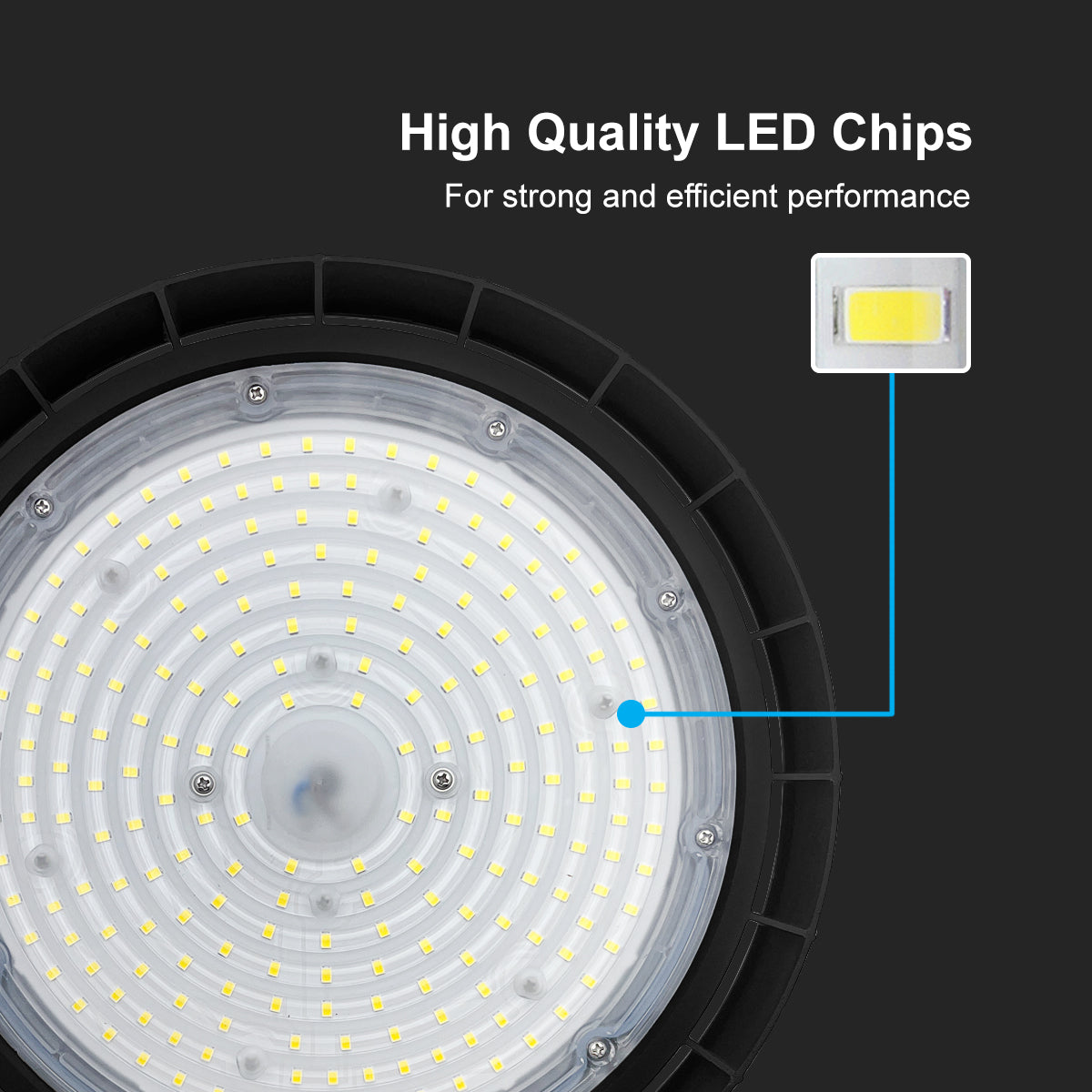 LED high bay lighting for warehouses with 150W power, 22500 lumens and 6500K Cool White output