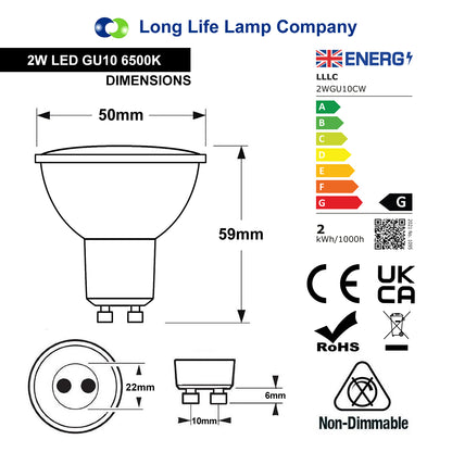 2W LED GU10 Light Bulb Cool White 6500K 5 Pack or 10 PACK