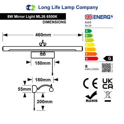8W Black Adjustable LED Bathroom Mirror Wall Light with Pull Cord Cool White 6500K IP44 ML26