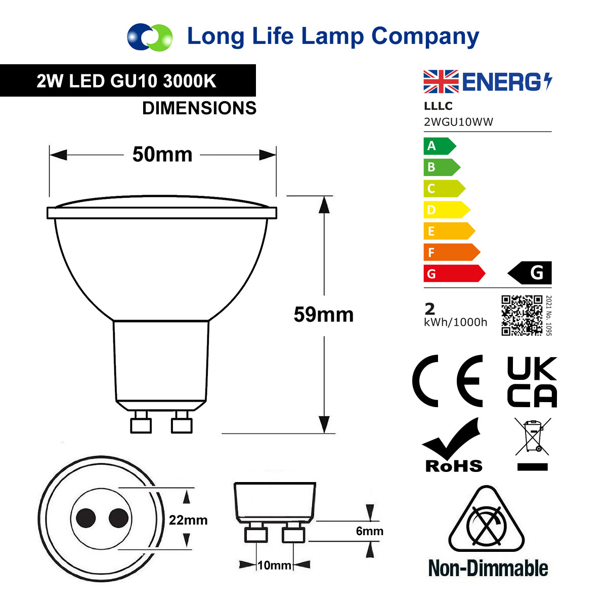 2W LED GU10 Light Bulb Warm White 3000K 5 Pack or 10 PACK