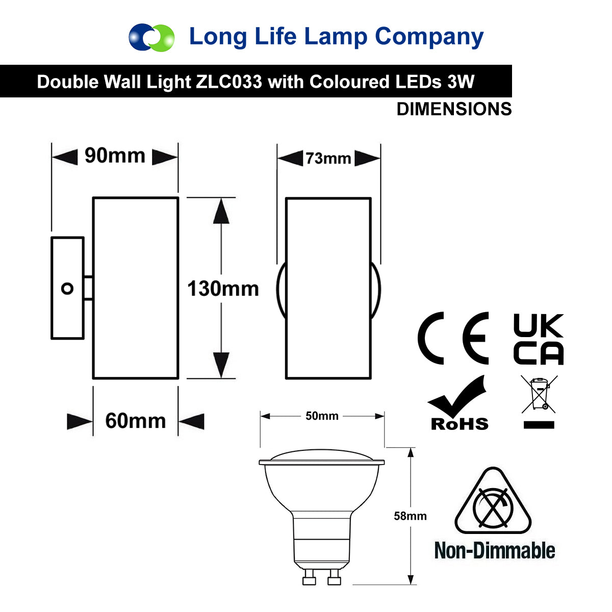 Coloured LED GU10 Up Down Double Wall Light IP20 Heavy Stainless Steel ZLC033