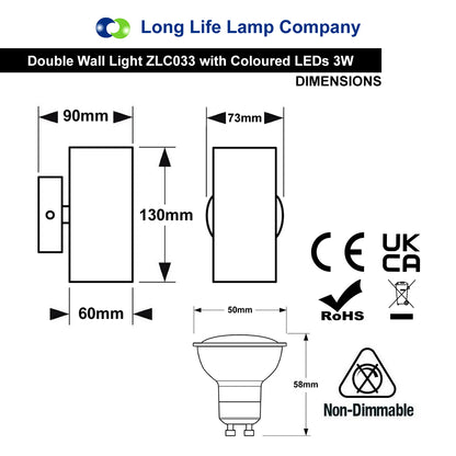 Coloured LED GU10 Up Down Double Wall Light IP20 Heavy Stainless Steel ZLC033