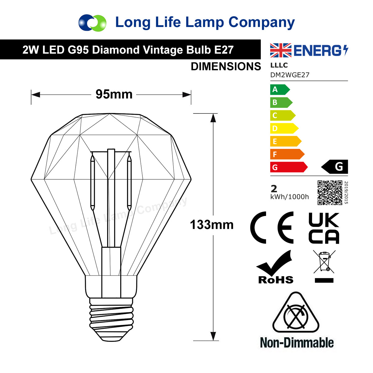 2W vintage LED diamond shaped bulb with E27 Edison Screw and smoked glass for warm white ambient lighting