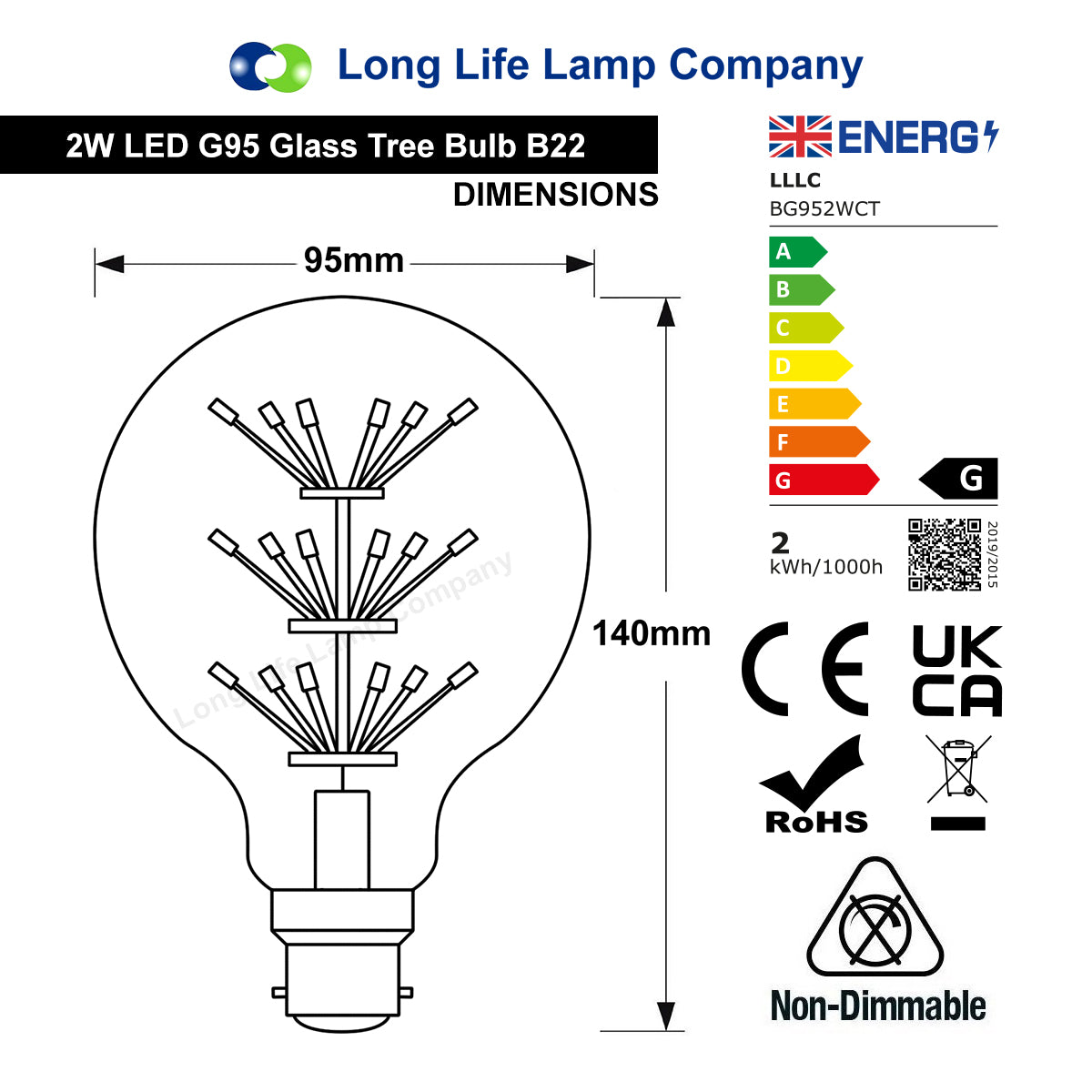 2w Vintage LED Globe Light Bulb B22 Clear Glass Tree Filament G95