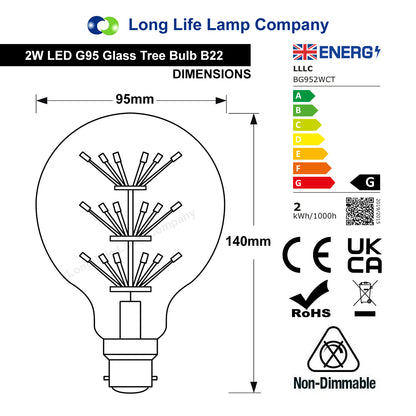 2w Vintage LED Globe Light Bulb B22 Clear Glass Tree Filament G95