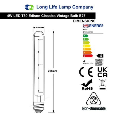 4W vintage LED T30 test tube bulb with E27 Edison Screw and smoked gold glass for ambient lighting