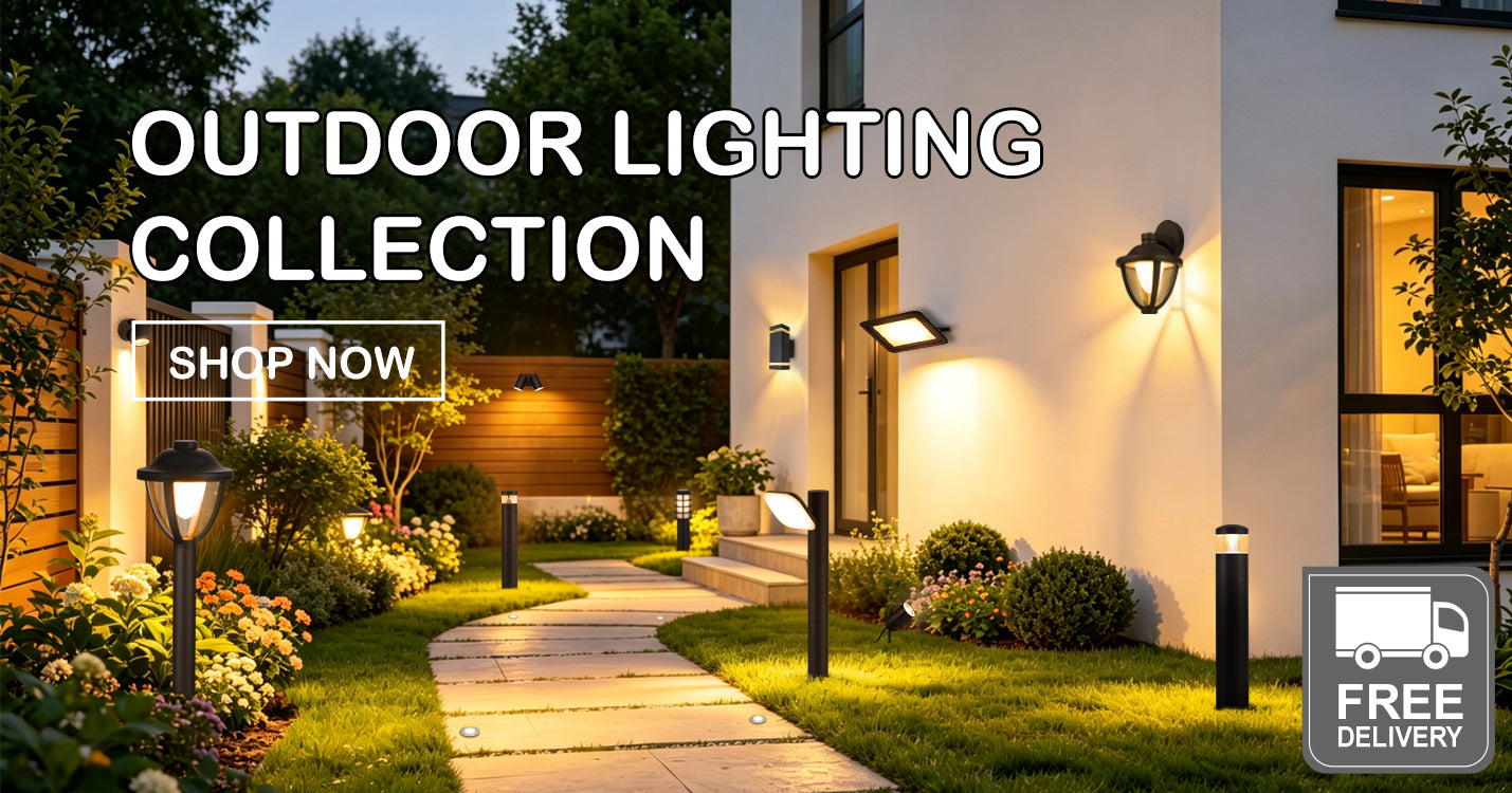 Outdoor lighting collection with house exterior and garden lights, featuring 'Shop Now' and 'Free Delivery' text